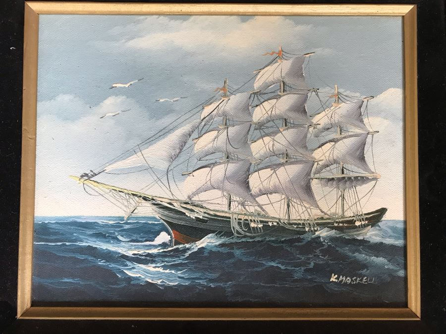 Original Maritime Nautical Sailing Ship Oil Painting By K. Maskell 10 X 8 [Photo 1]