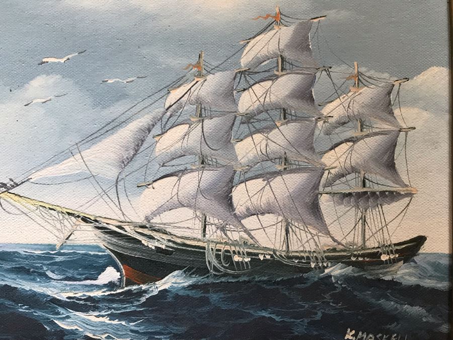 Original Maritime Nautical Sailing Ship Oil Painting By K. Maskell 10 X 8 [Photo 3]