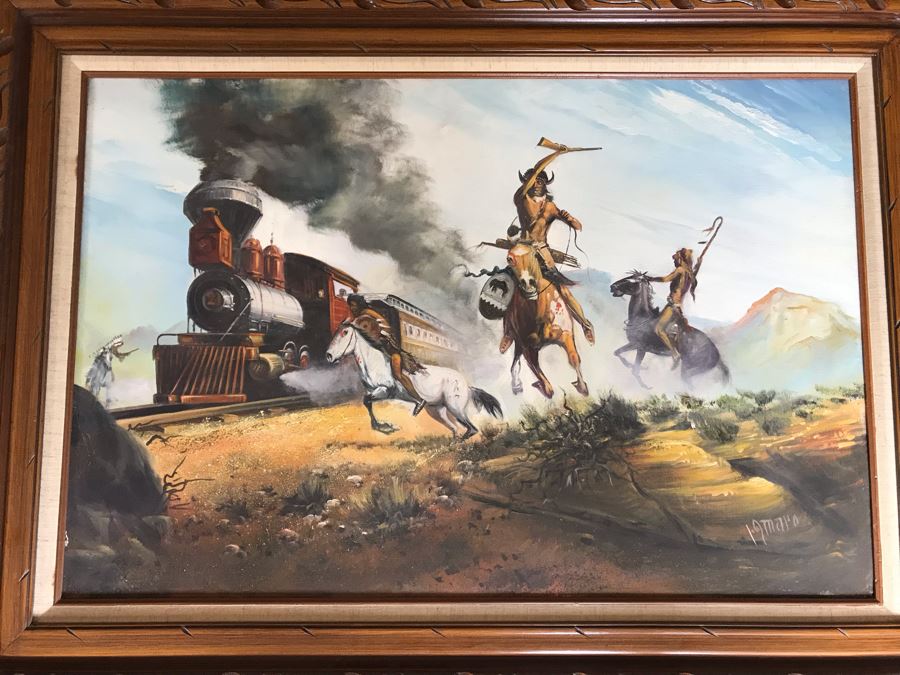 Original Oil Painting With Train And Native Americans Signed Amaro? 36 X 24 [Photo 1]