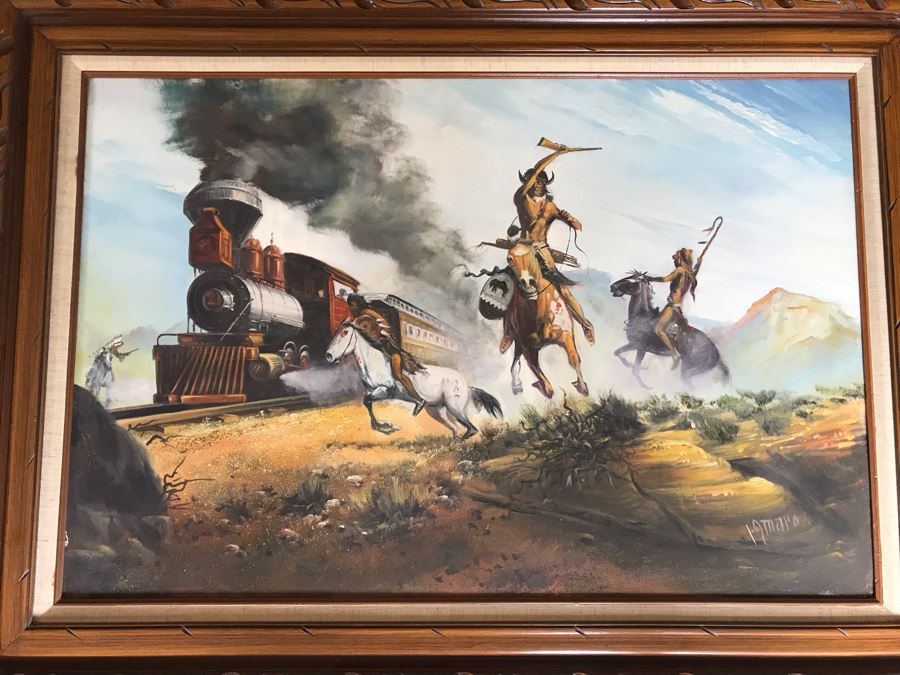 Original Oil Painting With Train And Native Americans Signed Amaro? 36 X 24