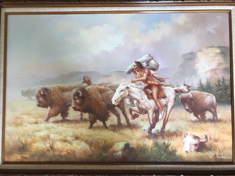 Original Western Native American Buffalo Painting By Troy Denton 36 X 24 [Photo 1]