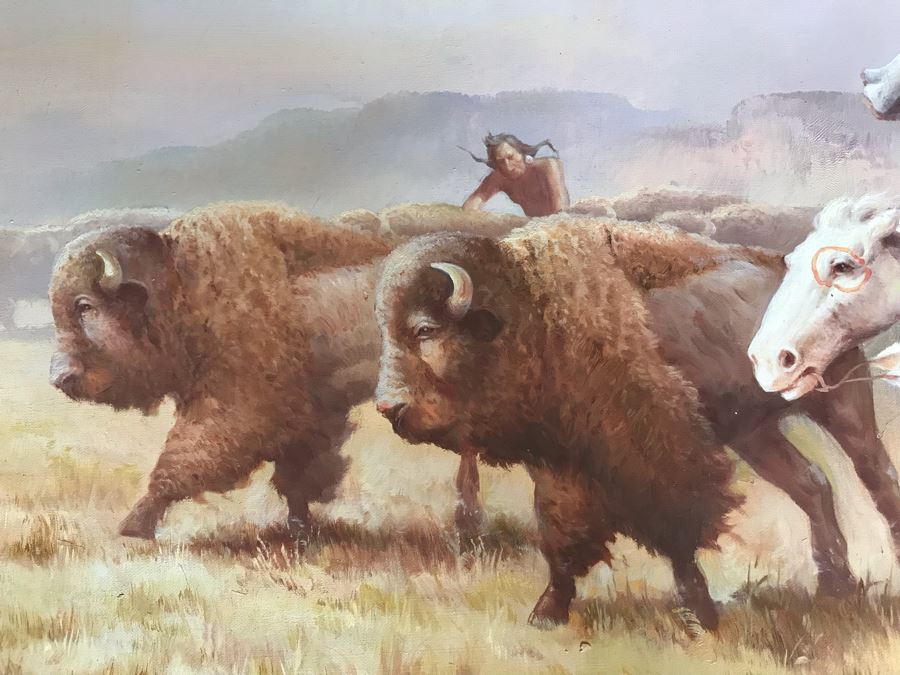 Original Western Native American Buffalo Painting By Troy Denton 36 X 24
