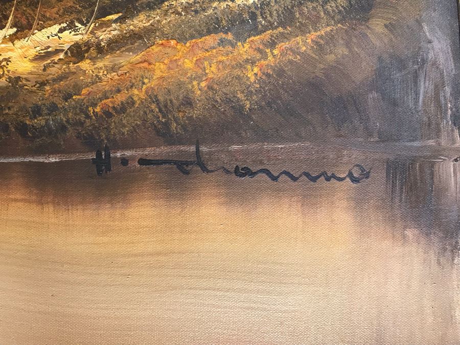 Original Painting Of Lake With Towering Mountains In Background Signature Illegible 48 X 24 [Photo 7]