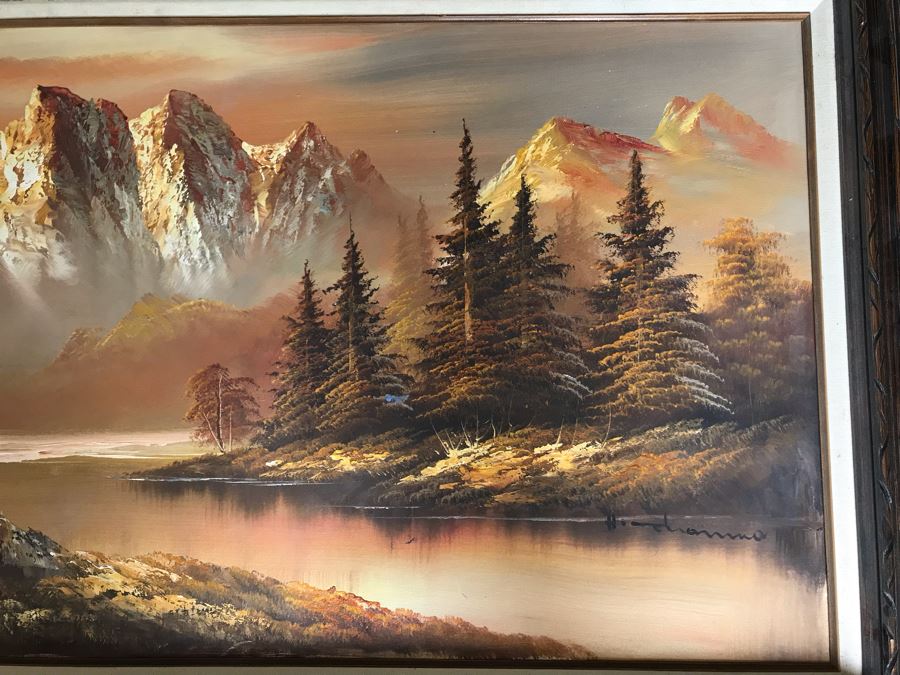 Original Painting Of Lake With Towering Mountains In Background Signature Illegible 48 X 24 [Photo 5]