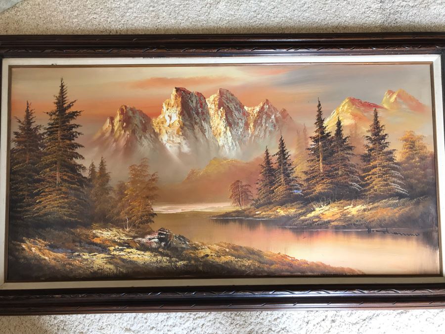 Original Painting Of Lake With Towering Mountains In Background Signature Illegible 48 X 24 [Photo 1]