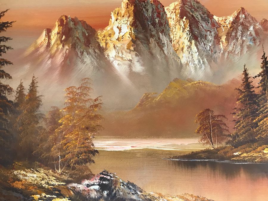 Original Painting Of Lake With Towering Mountains In Background Signature Illegible 48 X 24 [Photo 8]