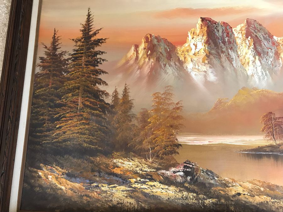 Original Painting Of Lake With Towering Mountains In Background Signature Illegible 48 X 24 [Photo 4]