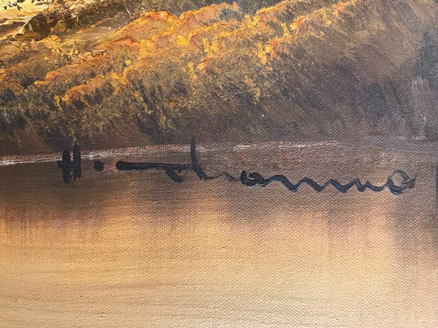 Original Painting Of Lake With Towering Mountains In Background Signature Illegible 48 X 24 [Photo 6]