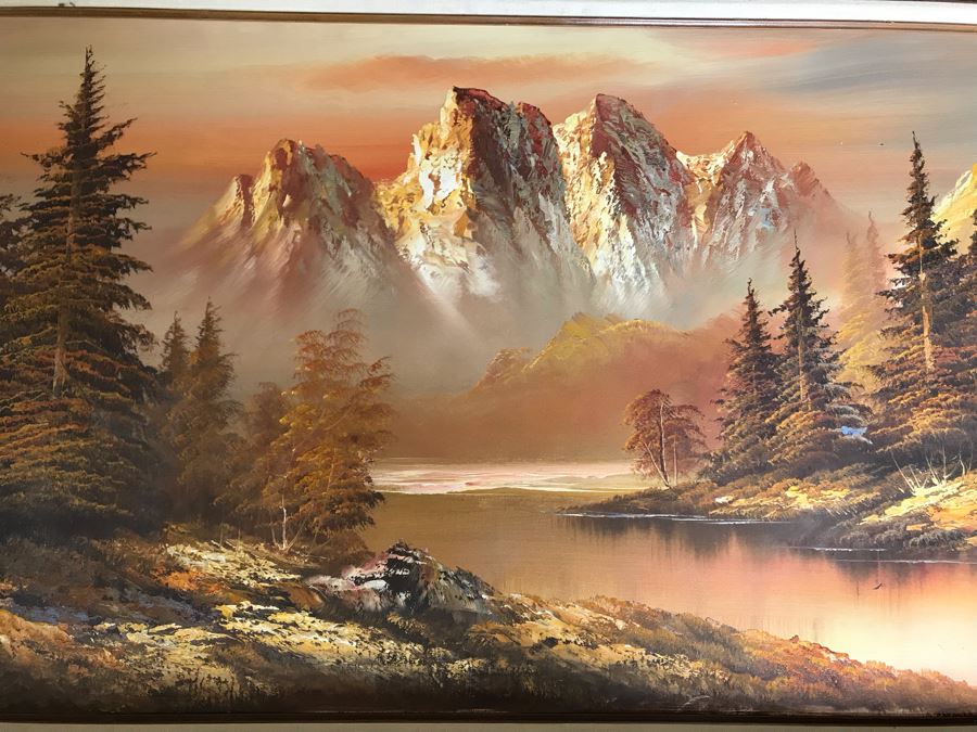 Original Painting Of Lake With Towering Mountains In Background Signature Illegible 48 X 24 [Photo 3]