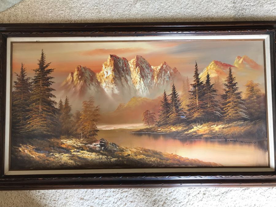 Original Painting Of Lake With Towering Mountains In Background Signature Illegible 48 X 24 [Photo 2]