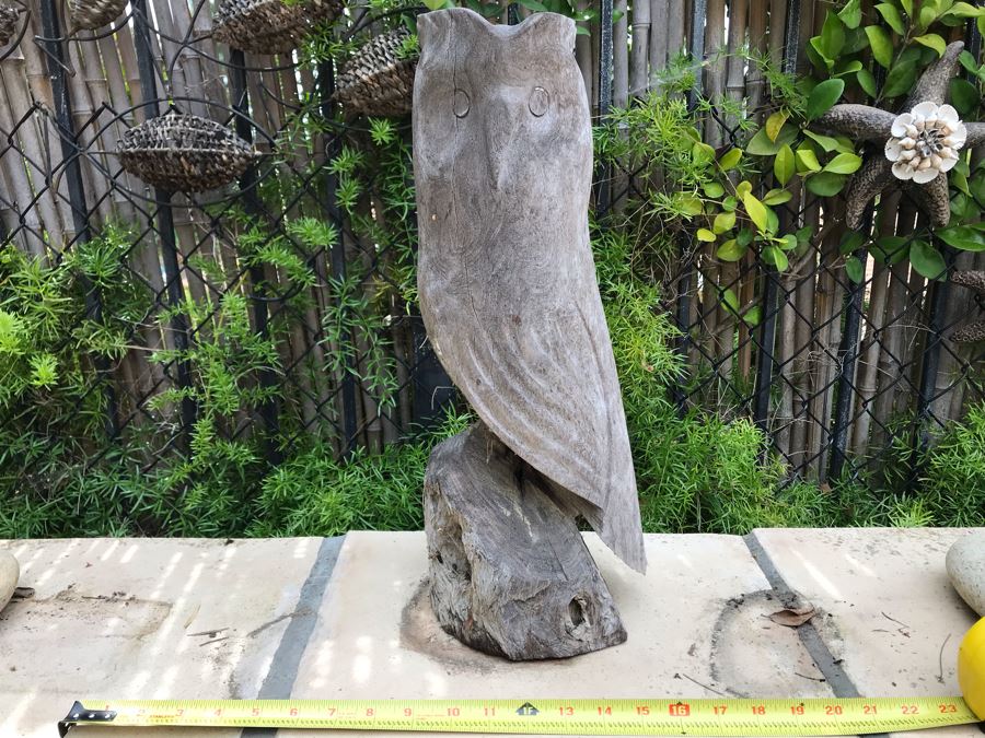 Carved Wooden Owl Sculpture 8W X 6D X 18H