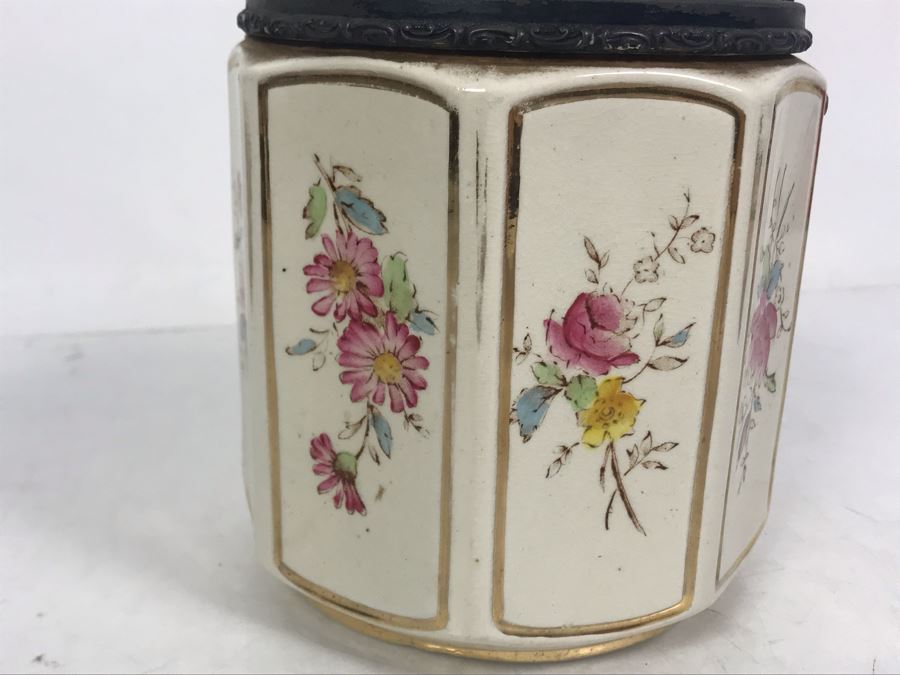 JUST ADDED - Vintage English Porcelain Biscuit Cookie Jar With Metal Handle And Lid 6W X 11H [Photo 7]