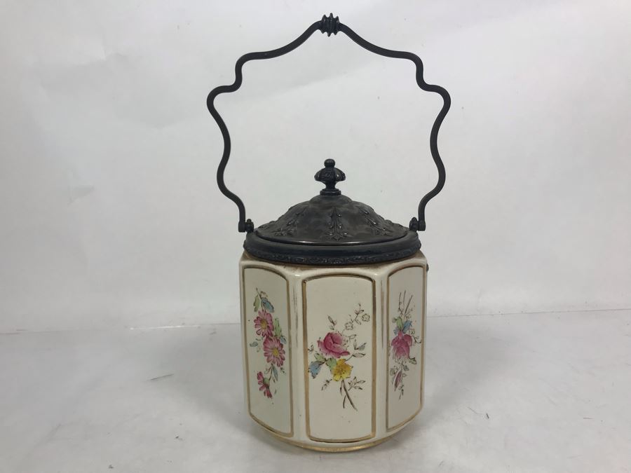 JUST ADDED - Vintage English Porcelain Biscuit Cookie Jar With Metal Handle And Lid 6W X 11H [Photo 3]