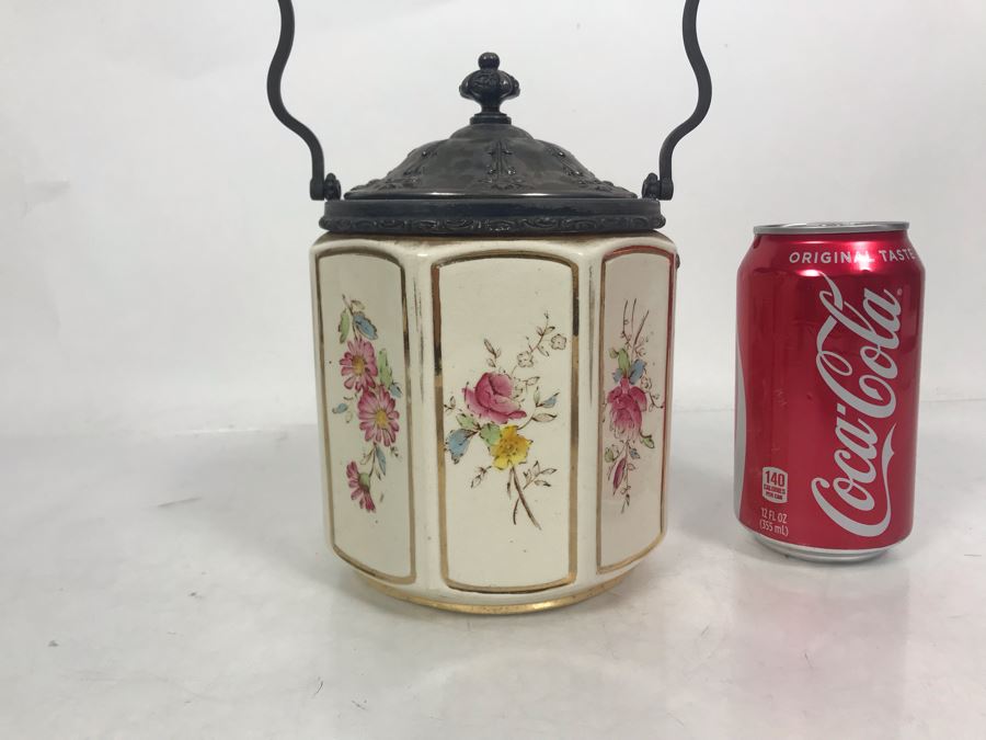 JUST ADDED - Vintage English Porcelain Biscuit Cookie Jar With Metal Handle And Lid 6W X 11H [Photo 2]