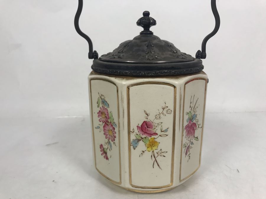 JUST ADDED - Vintage English Porcelain Biscuit Cookie Jar With Metal Handle And Lid 6W X 11H [Photo 4]