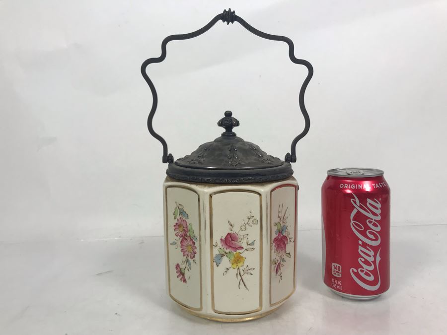 JUST ADDED - Vintage English Porcelain Biscuit Cookie Jar With Metal Handle And Lid 6W X 11H [Photo 1]