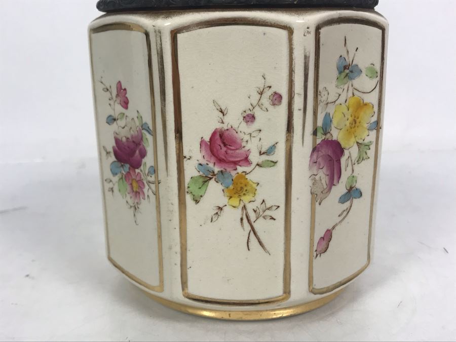 JUST ADDED - Vintage English Porcelain Biscuit Cookie Jar With Metal Handle And Lid 6W X 11H [Photo 9]