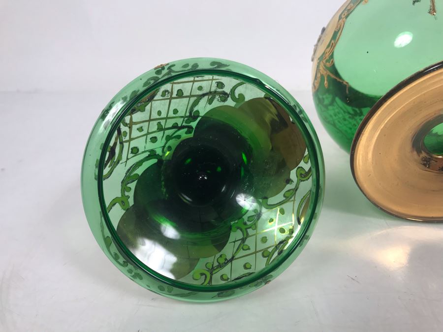 JUST ADDED - Antique Bohemian Czech Green & Gold Glass Footed Covered Candy Dish [Photo 21]