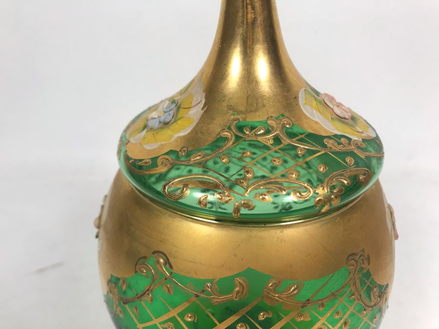 JUST ADDED - Antique Bohemian Czech Green & Gold Glass Footed Covered Candy Dish [Photo 11]