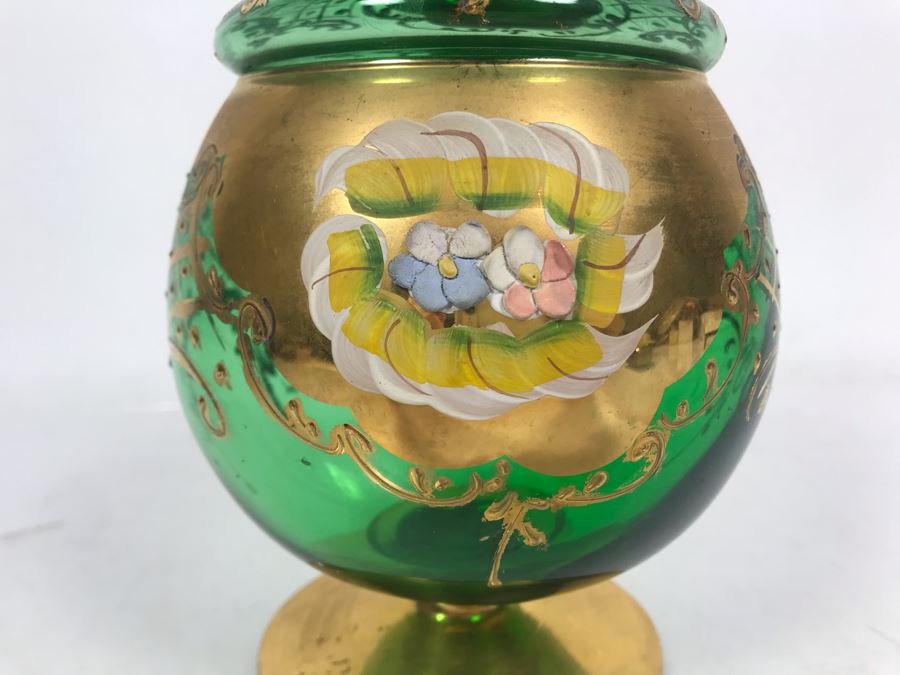 JUST ADDED - Antique Bohemian Czech Green & Gold Glass Footed Covered Candy Dish [Photo 14]