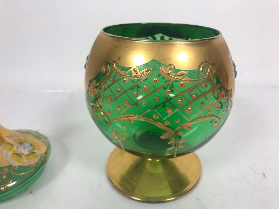 JUST ADDED - Antique Bohemian Czech Green & Gold Glass Footed Covered Candy Dish [Photo 18]