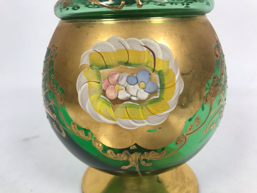 JUST ADDED - Antique Bohemian Czech Green & Gold Glass Footed Covered Candy Dish [Photo 7]