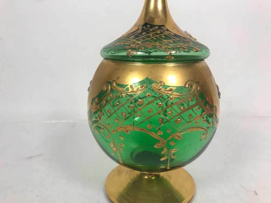 JUST ADDED - Antique Bohemian Czech Green & Gold Glass Footed Covered Candy Dish [Photo 15]