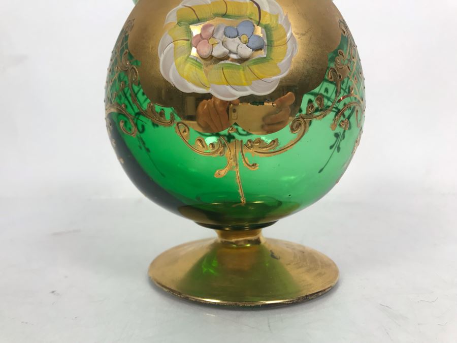 JUST ADDED - Antique Bohemian Czech Green & Gold Glass Footed Covered Candy Dish [Photo 8]