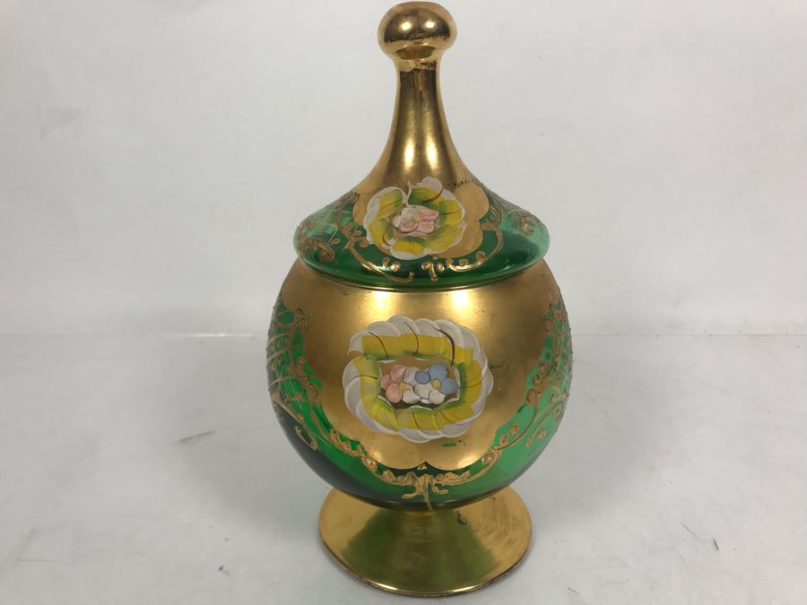 JUST ADDED - Antique Bohemian Czech Green & Gold Glass Footed Covered Candy Dish [Photo 5]