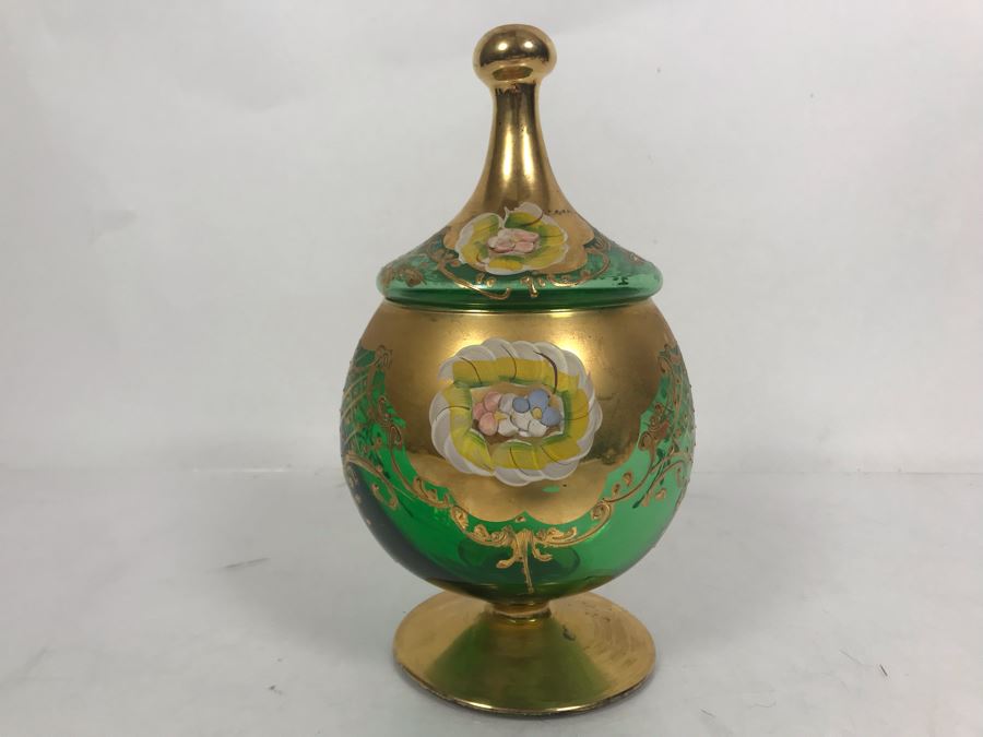 JUST ADDED - Antique Bohemian Czech Green & Gold Glass Footed Covered Candy Dish [Photo 4]