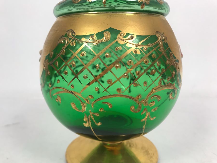 JUST ADDED - Antique Bohemian Czech Green & Gold Glass Footed Covered Candy Dish [Photo 10]