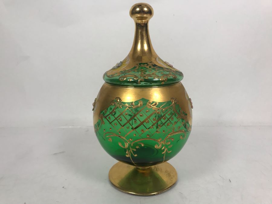 JUST ADDED - Antique Bohemian Czech Green & Gold Glass Footed Covered Candy Dish [Photo 9]