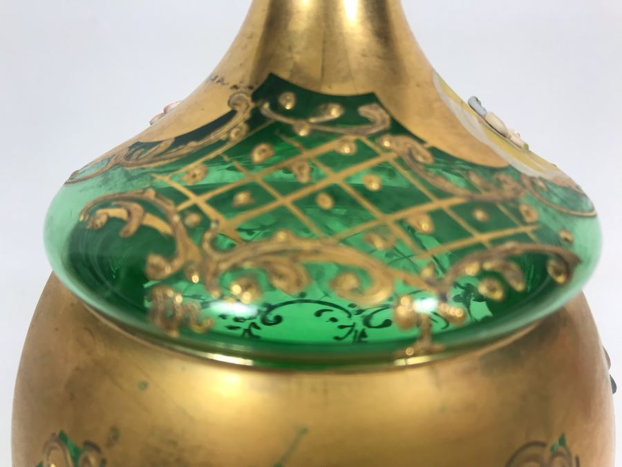 JUST ADDED - Antique Bohemian Czech Green & Gold Glass Footed Covered Candy Dish [Photo 17]
