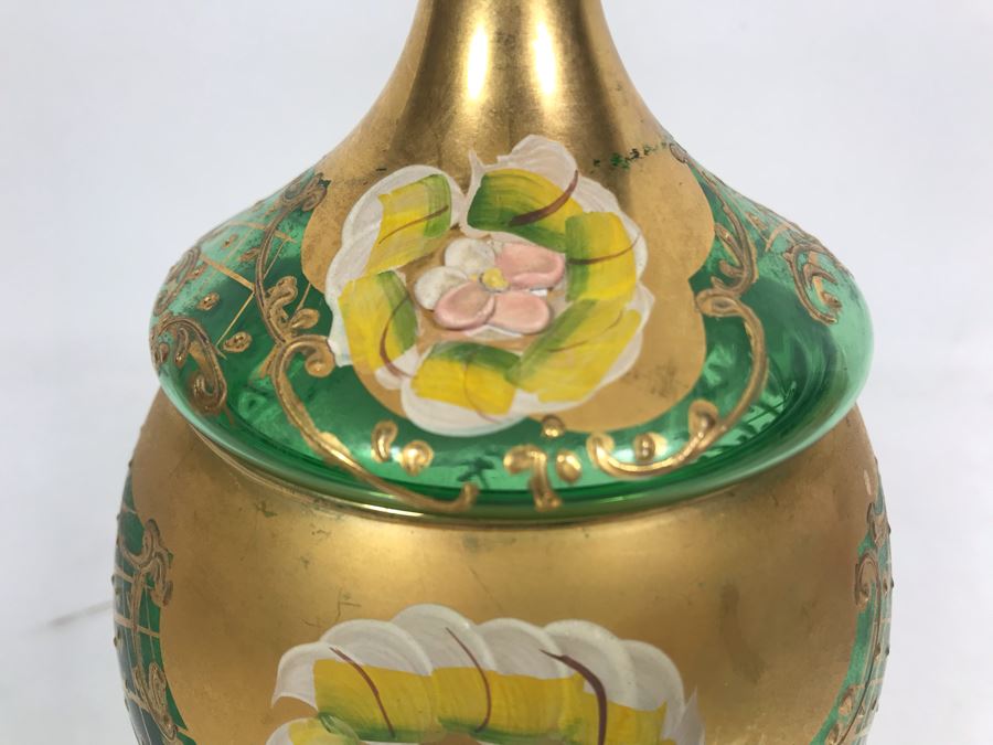 JUST ADDED - Antique Bohemian Czech Green & Gold Glass Footed Covered Candy Dish [Photo 6]