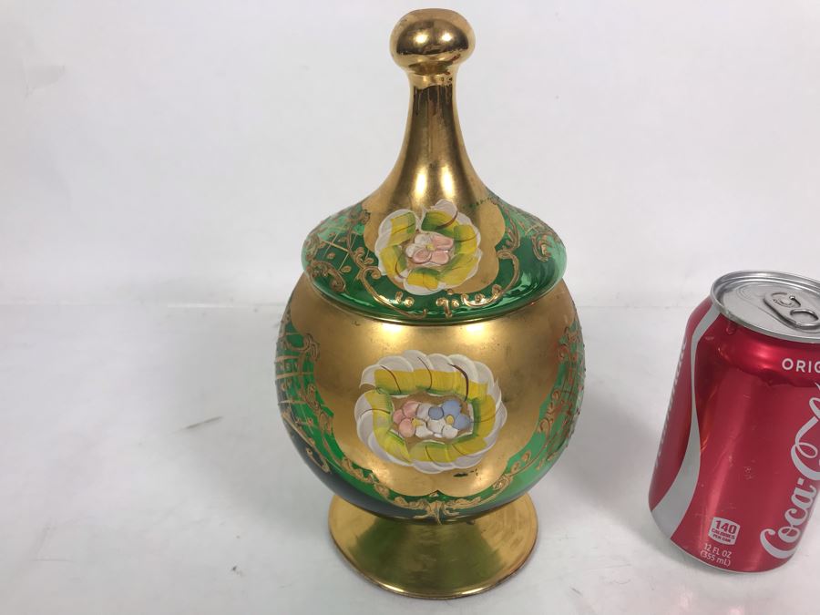JUST ADDED - Antique Bohemian Czech Green & Gold Glass Footed Covered Candy Dish [Photo 3]