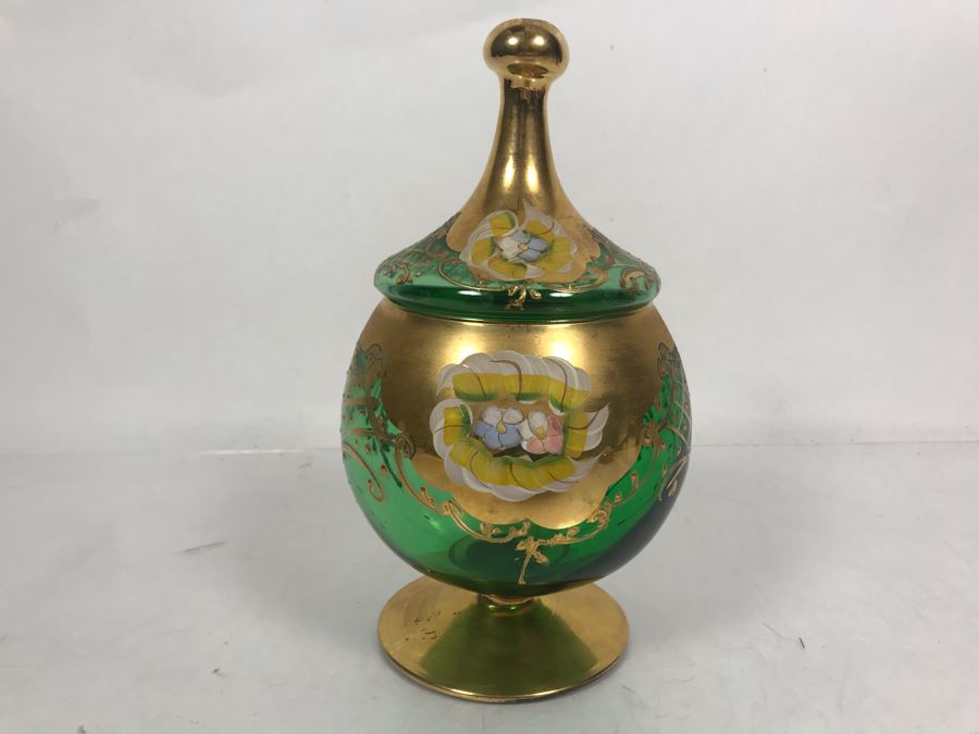 JUST ADDED - Antique Bohemian Czech Green & Gold Glass Footed Covered Candy Dish [Photo 12]