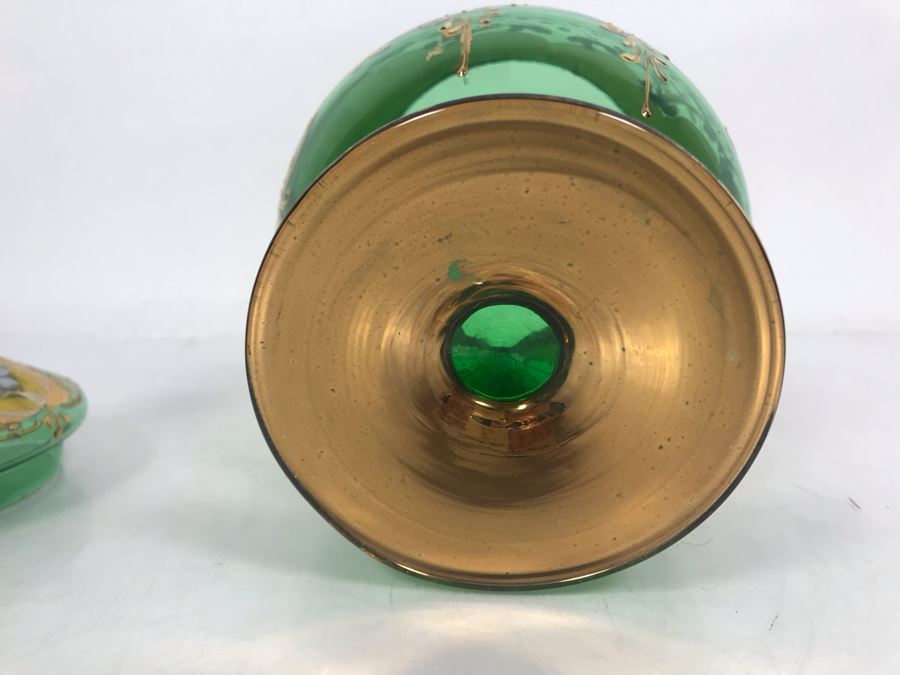 JUST ADDED - Antique Bohemian Czech Green & Gold Glass Footed Covered Candy Dish [Photo 20]