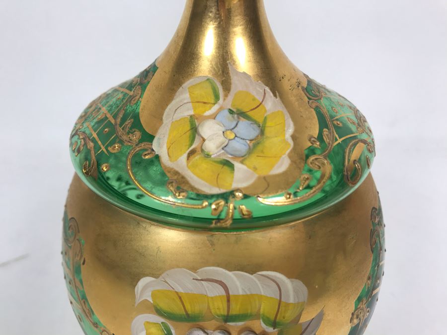 JUST ADDED - Antique Bohemian Czech Green & Gold Glass Footed Covered Candy Dish [Photo 13]