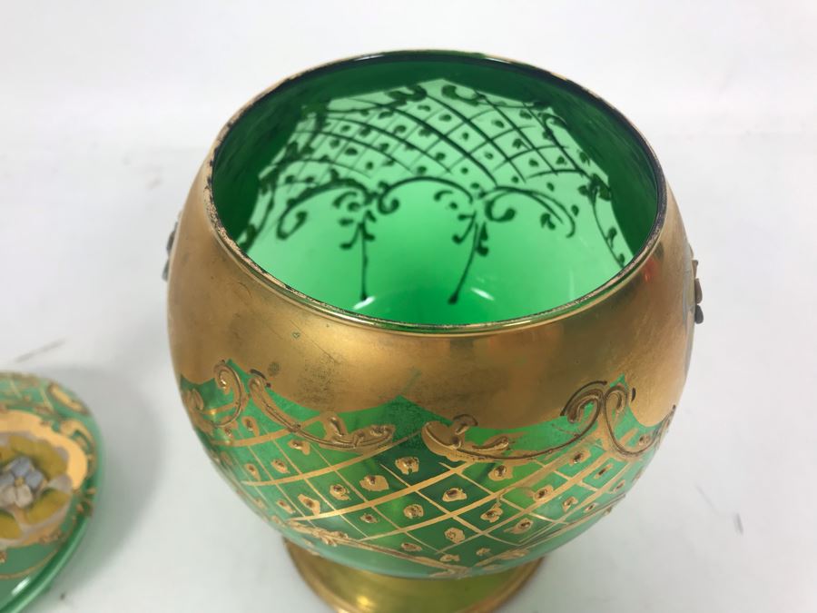 JUST ADDED - Antique Bohemian Czech Green & Gold Glass Footed Covered Candy Dish [Photo 19]
