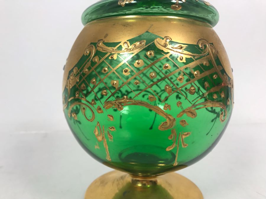 JUST ADDED - Antique Bohemian Czech Green & Gold Glass Footed Covered Candy Dish [Photo 16]