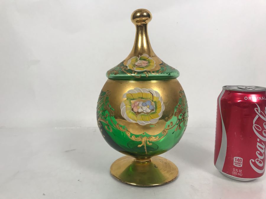 JUST ADDED - Antique Bohemian Czech Green & Gold Glass Footed Covered Candy Dish [Photo 2]