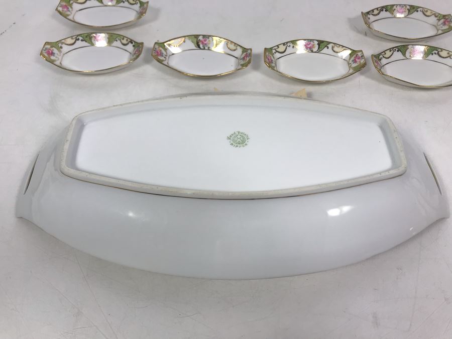 JUST ADDED - Antique Hand Painted NIPPON Japan Sushi Celery Serving Dish Platter 12.75 X 6.5 With Six Salt Plates 3.75 X 2.5 [Photo 9]