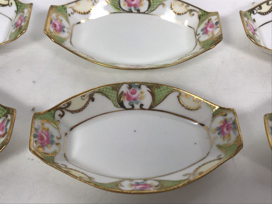 JUST ADDED - Antique Hand Painted NIPPON Japan Sushi Celery Serving Dish Platter 12.75 X 6.5 With Six Salt Plates 3.75 X 2.5 [Photo 13]