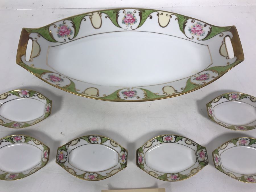 JUST ADDED - Antique Hand Painted NIPPON Japan Sushi Celery Serving Dish Platter 12.75 X 6.5 With Six Salt Plates 3.75 X 2.5 [Photo 3]