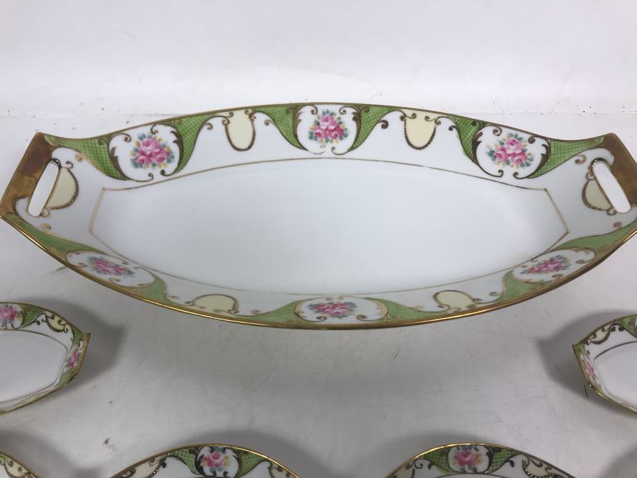 JUST ADDED - Antique Hand Painted NIPPON Japan Sushi Celery Serving Dish Platter 12.75 X 6.5 With Six Salt Plates 3.75 X 2.5 [Photo 4]