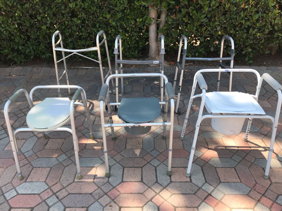Three Walkers And Three Medical Bedside Commodes Invacare Drive