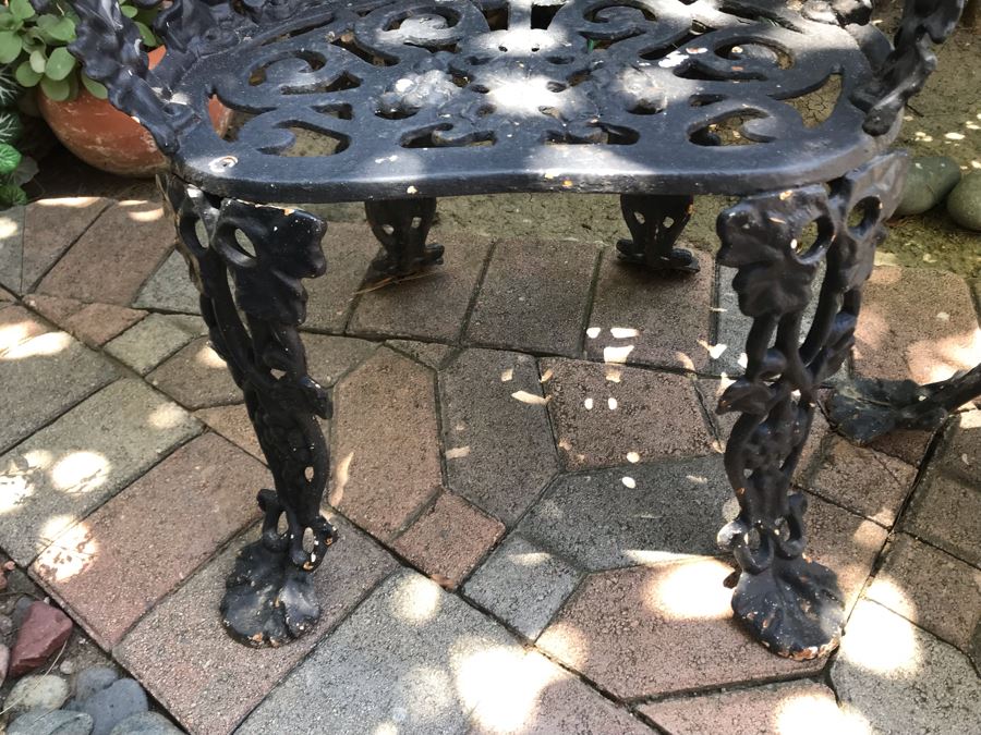 Heavy Cast Iron Outdoor Chair 23W X 20D X 27H With Matching Side Table 24W X 14H Grapes Vine Motif [Photo 6]