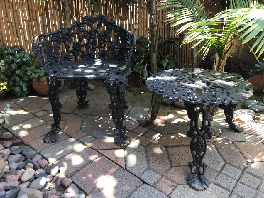 Heavy Cast Iron Outdoor Chair 23W X 20D X 27H With Matching Side Table 24W X 14H Grapes Vine Motif [Photo 2]