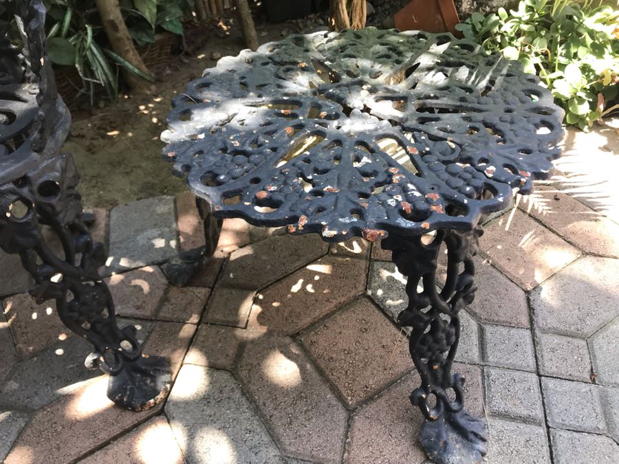 Heavy Cast Iron Outdoor Chair 23W X 20D X 27H With Matching Side Table 24W X 14H Grapes Vine Motif [Photo 7]