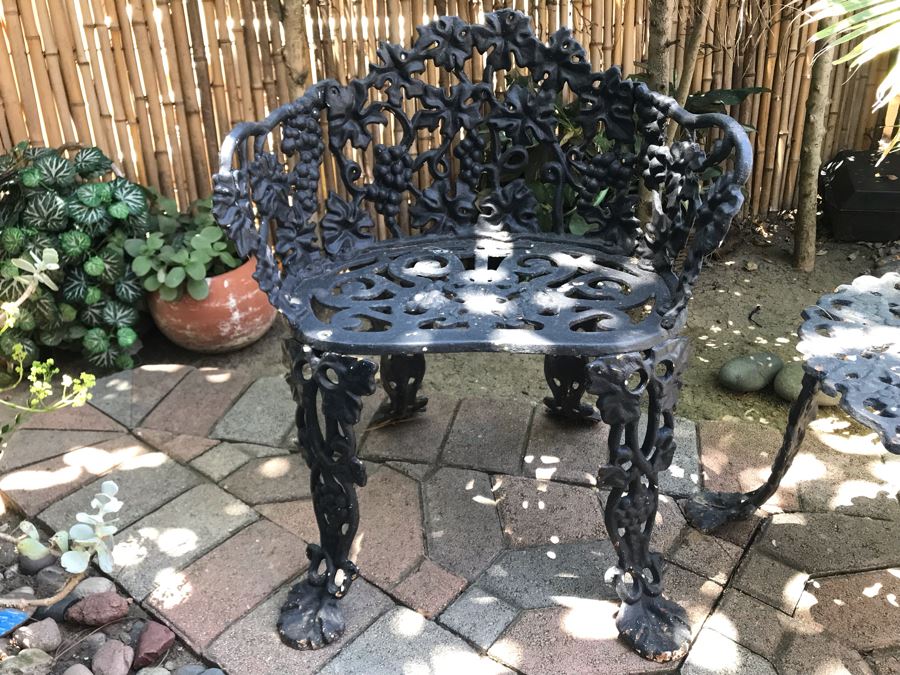 Heavy Cast Iron Outdoor Chair 23W X 20D X 27H With Matching Side Table 24W X 14H Grapes Vine Motif [Photo 4]